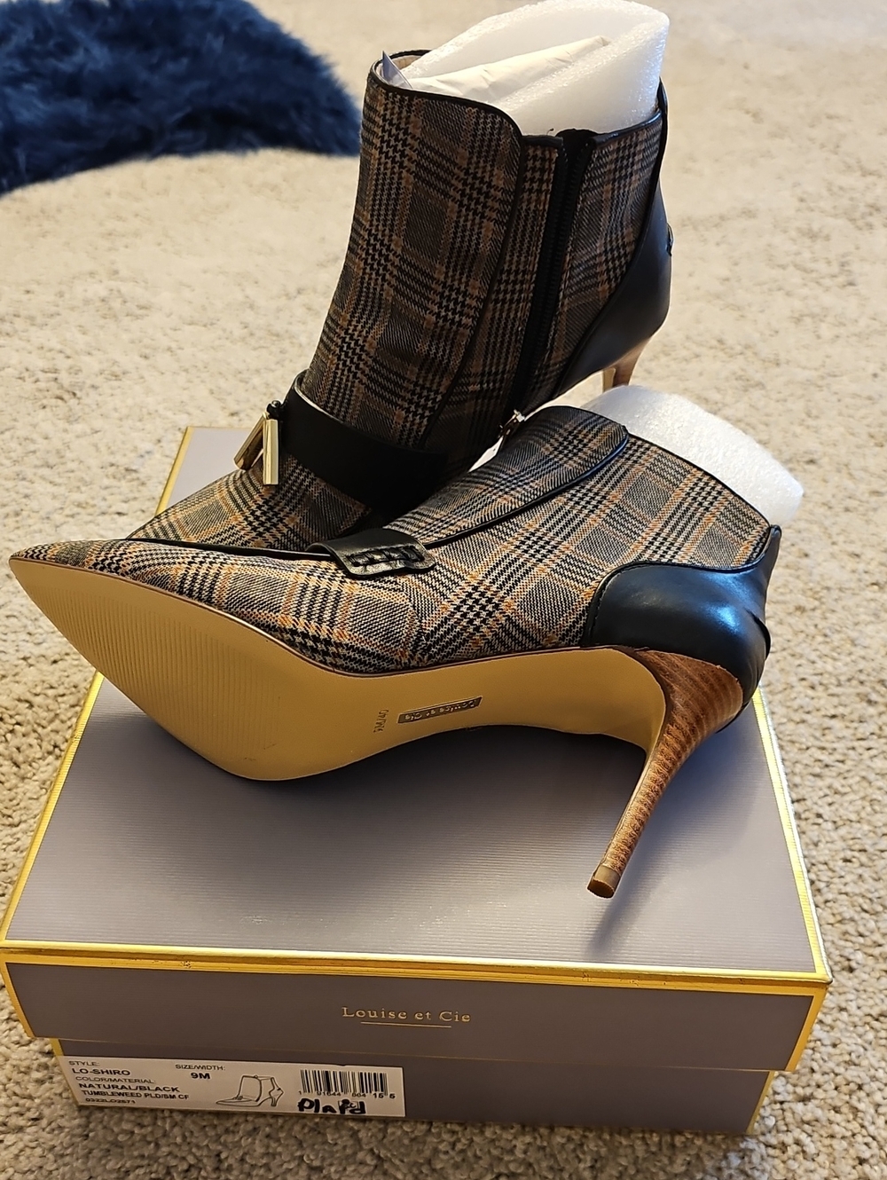 Louise et Cie Plaid Pointed-Toe Plaid Ankle Boots in Brown/Black